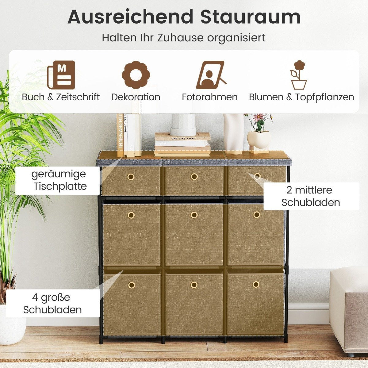 Dresser with 9 Drawers, Metal Frame, 87x29x84 cm, Gray