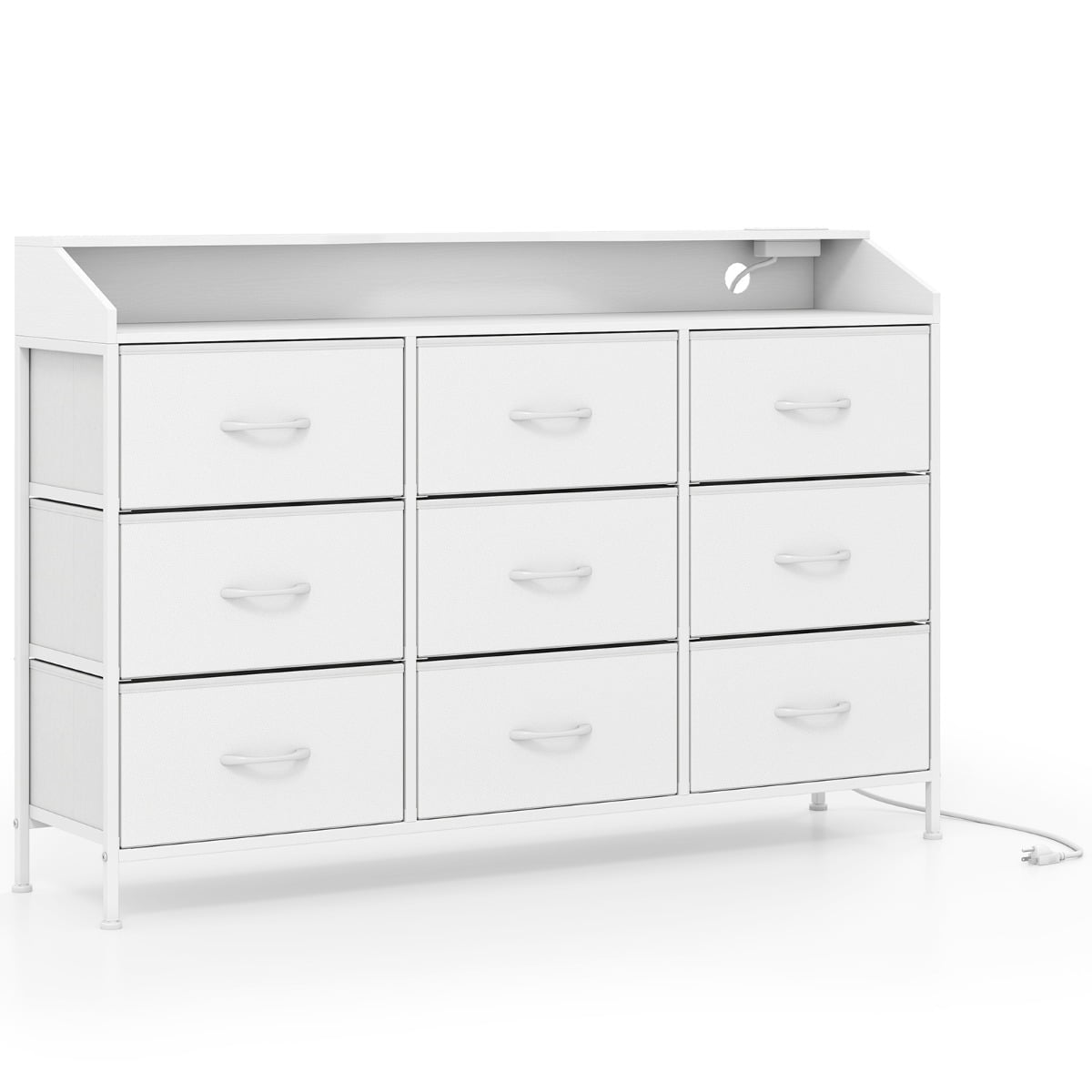 Dresser with LED Lights, Charging Station, 9 Fabric Drawers