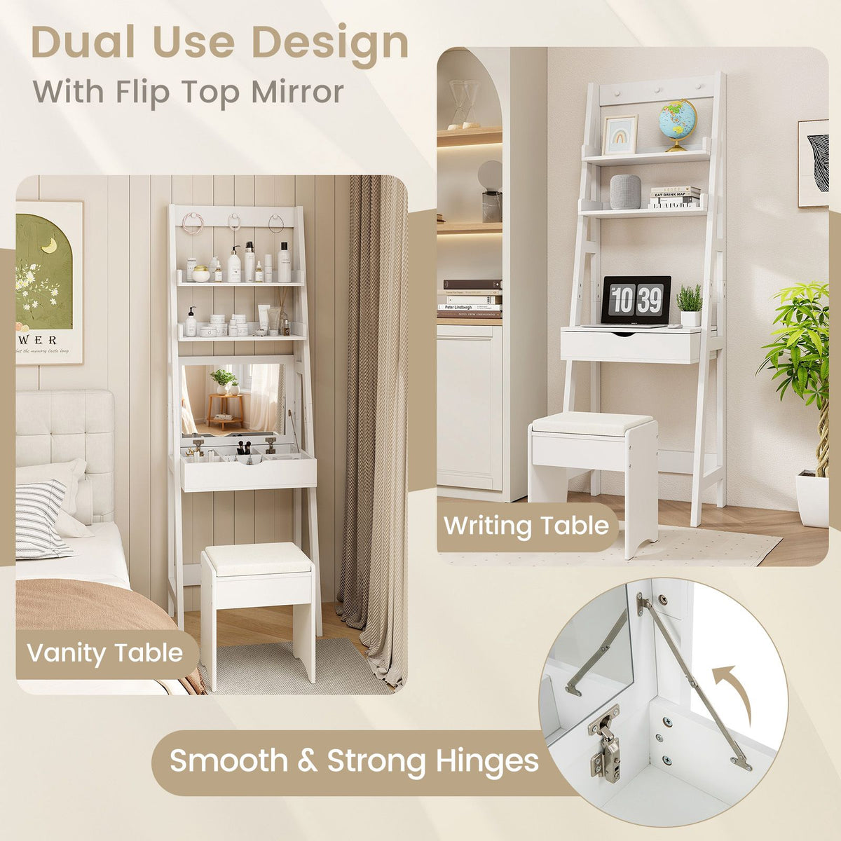 Dressing Table With Mirror and Stool, 2 Shelves, White