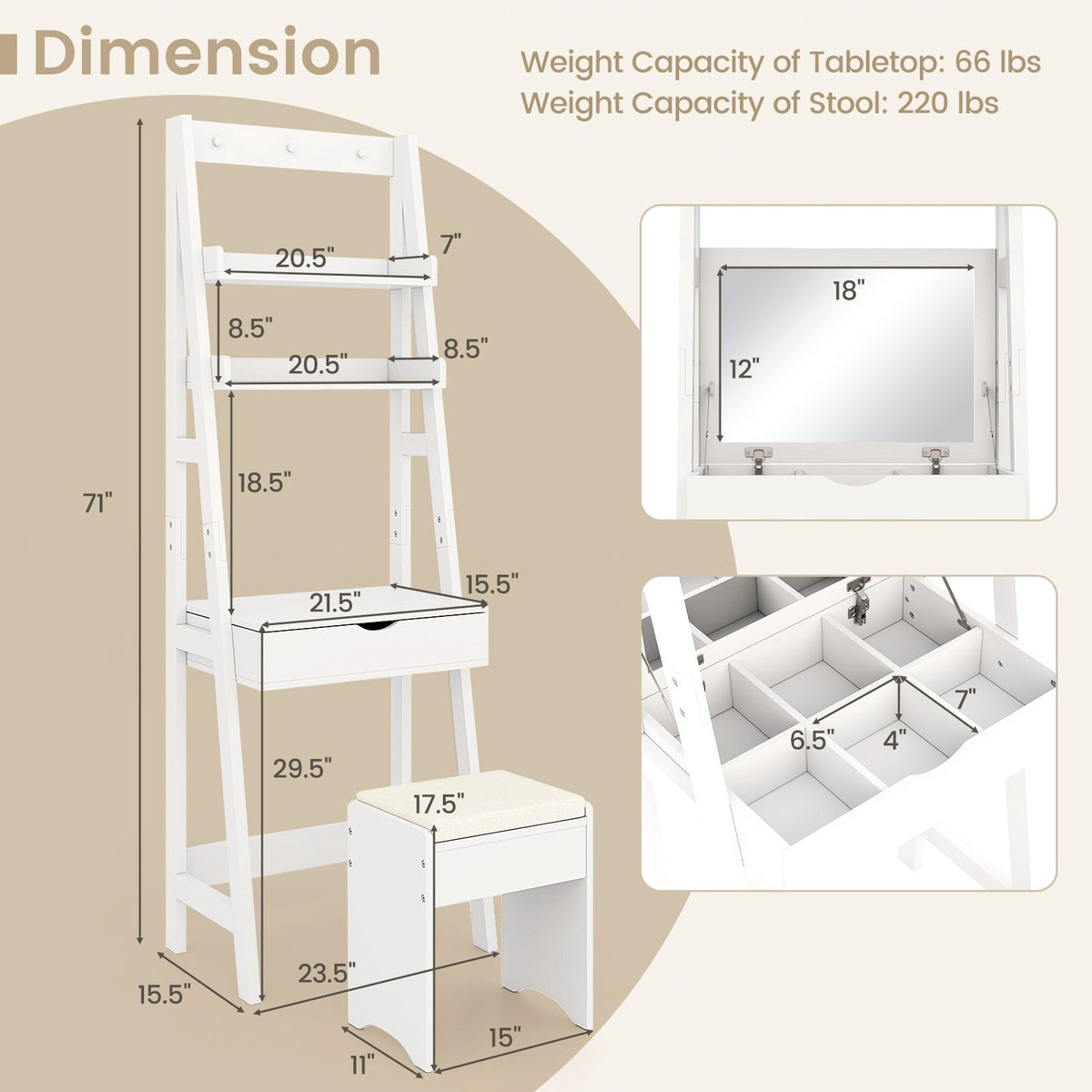 Dressing Table With Mirror and Stool, 2 Shelves, White