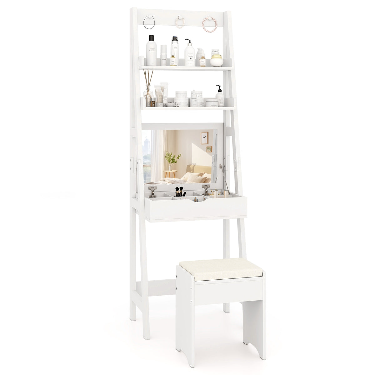 Dressing Table With Mirror and Stool, 2 Shelves, White