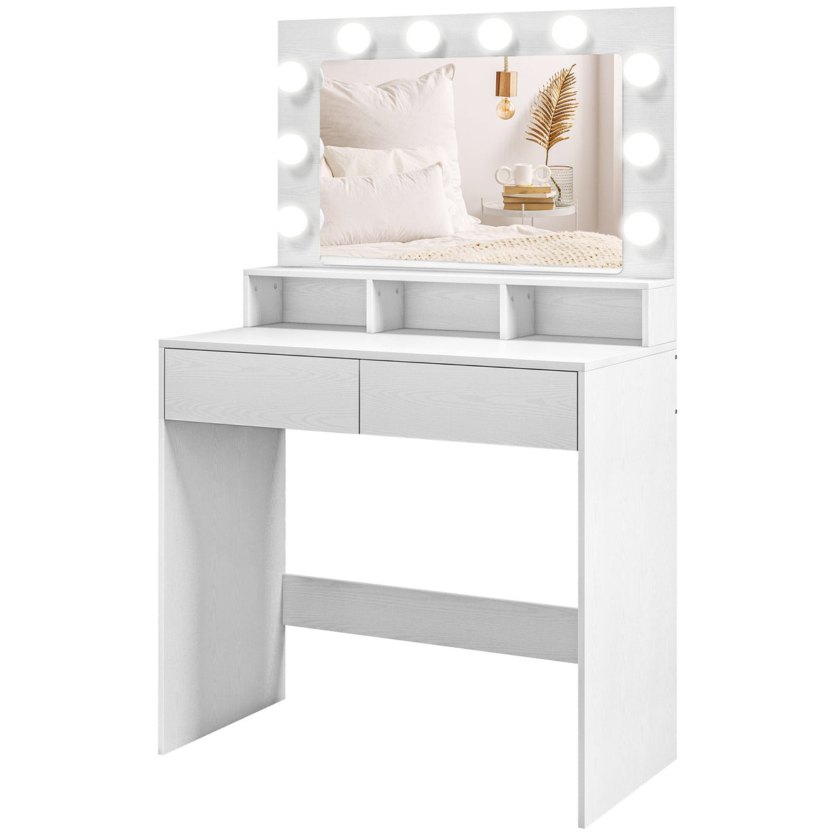 Dressing Table with LED Lighting Dressing Table with Mirror Adjustable Brightness Cosmetic Table with 2 Drawers Open Shelves for Bedroom White