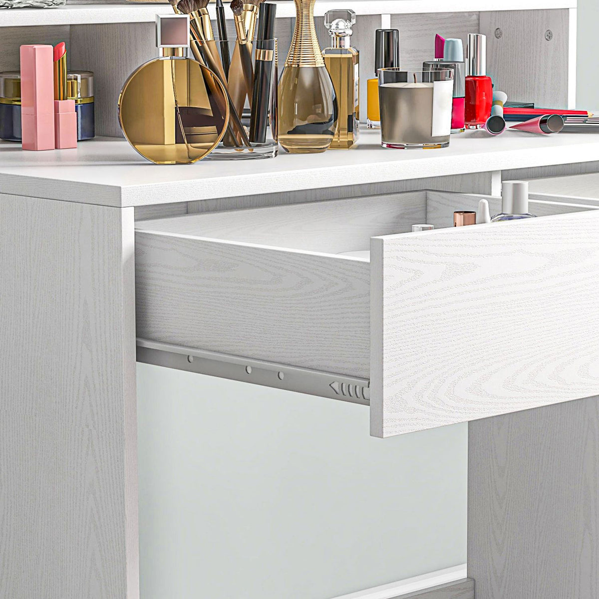 Dressing Table with LED Lighting Dressing Table with Mirror Adjustable Brightness Cosmetic Table with 2 Drawers Open Shelves for Bedroom White