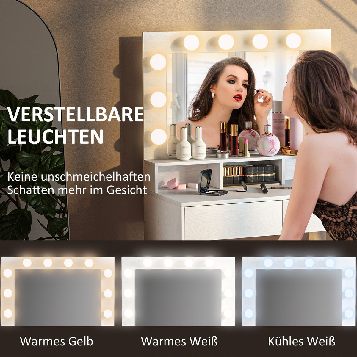 Dressing Table with LED Lighting Dressing Table with Mirror Adjustable Brightness Cosmetic Table with 2 Drawers Open Shelves for Bedroom White