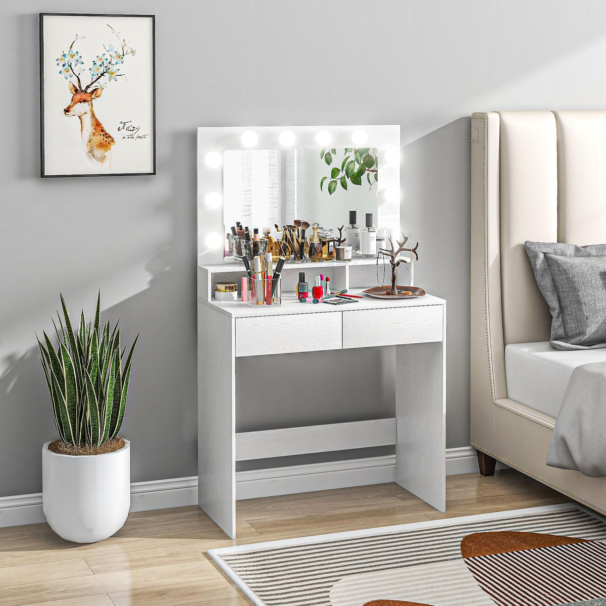 Dressing Table with LED Lighting Dressing Table with Mirror Adjustable Brightness Cosmetic Table with 2 Drawers Open Shelves for Bedroom White