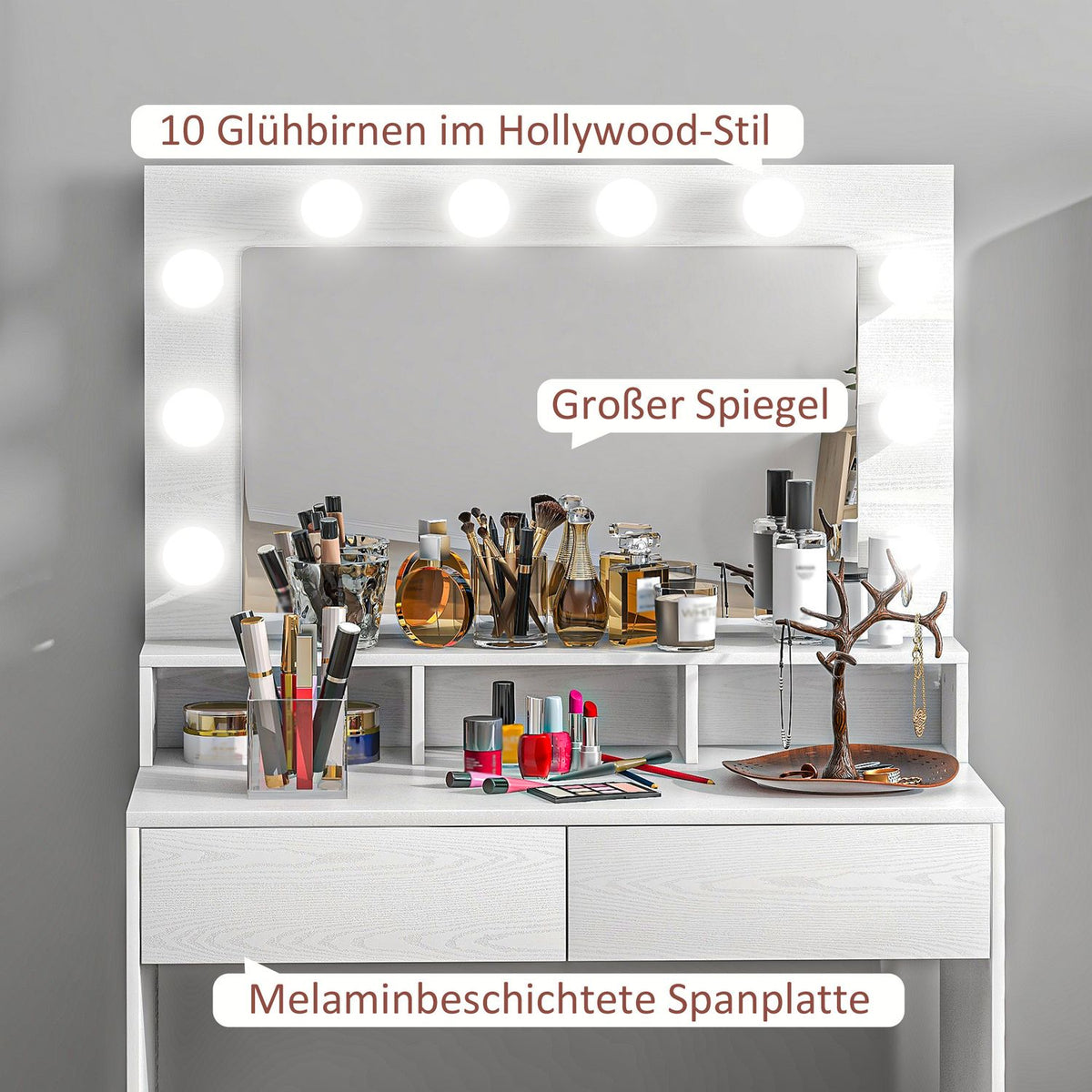 Dressing Table with LED Lighting Dressing Table with Mirror Adjustable Brightness Cosmetic Table with 2 Drawers Open Shelves for Bedroom White