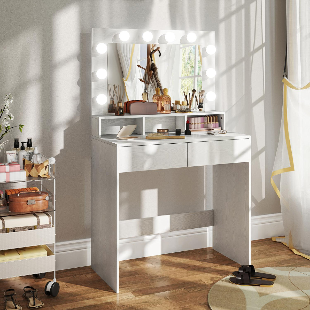 Dressing Table with LED Lighting Dressing Table with Mirror Adjustable Brightness Cosmetic Table with 2 Drawers Open Shelves for Bedroom White