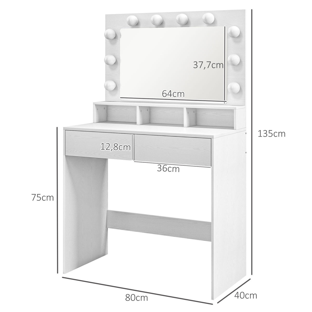 Dressing Table with LED Lighting Dressing Table with Mirror Adjustable Brightness Cosmetic Table with 2 Drawers Open Shelves for Bedroom White