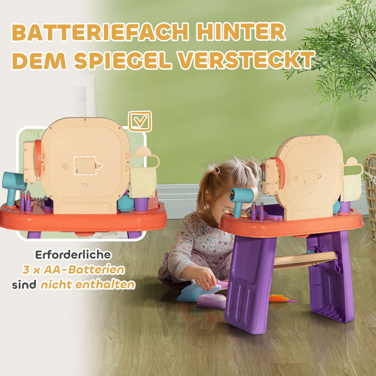 Dressing table children's dressing table with mirror, LED light, music, cosmetic table with tap, accessories for 3-6 years children, purple