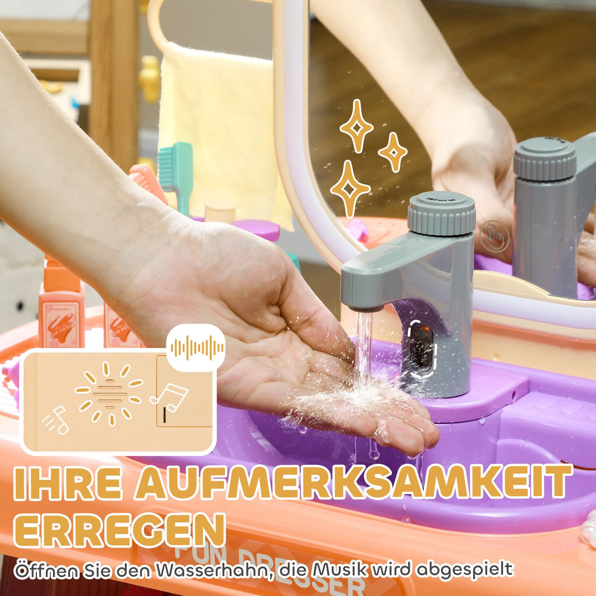 Dressing table children's dressing table with mirror, LED light, music, cosmetic table with tap, accessories for 3-6 years children, purple
