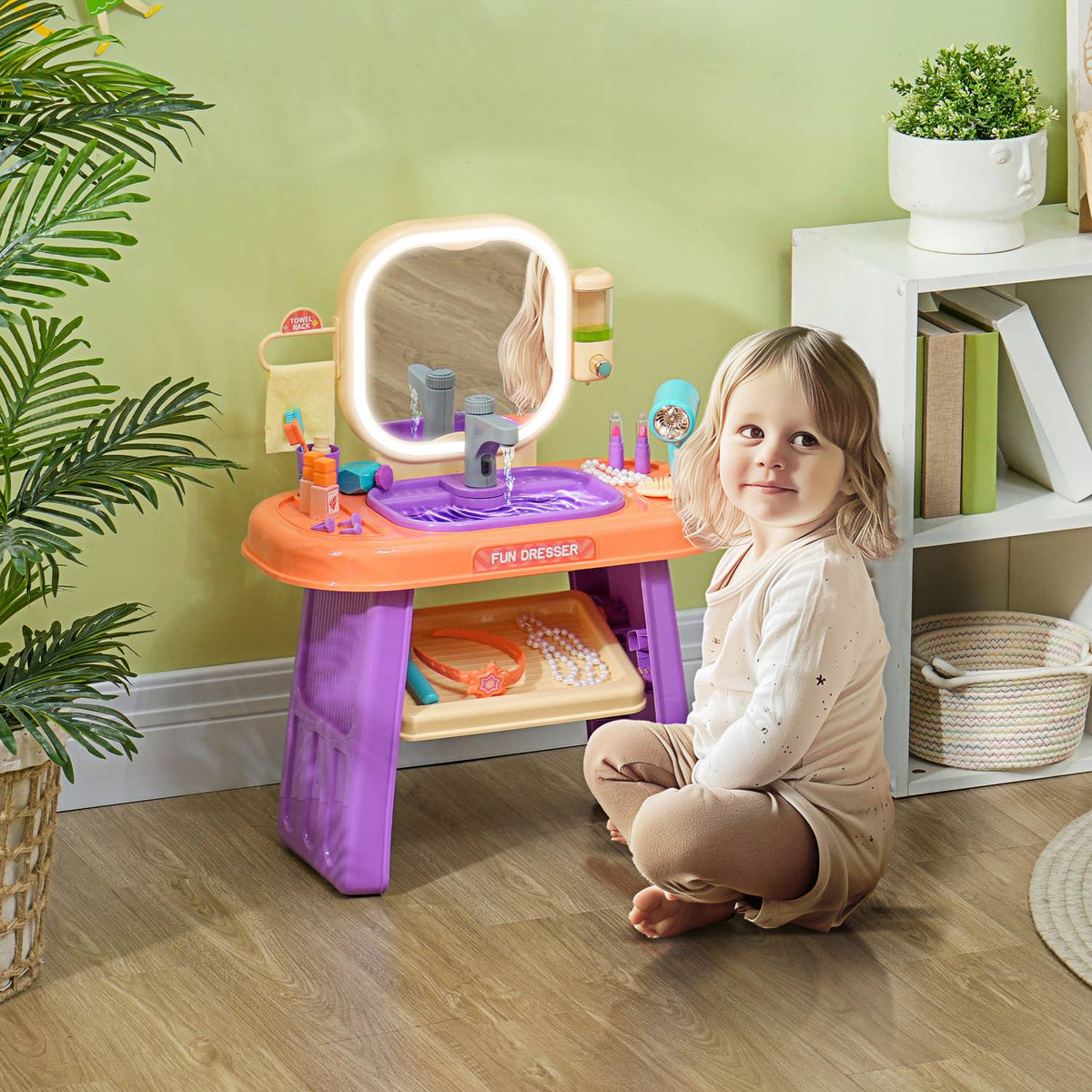 Dressing table children's dressing table with mirror, LED light, music, cosmetic table with tap, accessories for 3-6 years children, purple