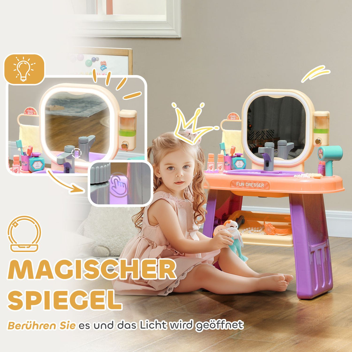 Dressing table children's dressing table with mirror, LED light, music, cosmetic table with tap, accessories for 3-6 years children, purple