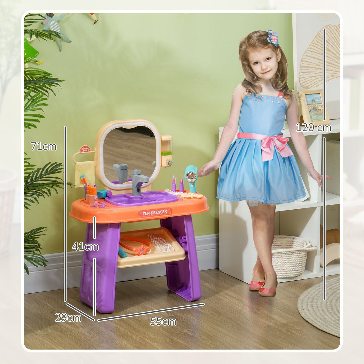 Dressing table children's dressing table with mirror, LED light, music, cosmetic table with tap, accessories for 3-6 years children, purple