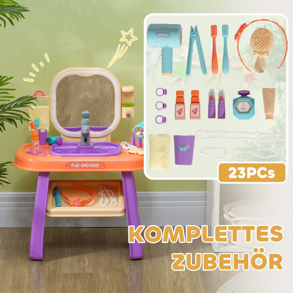 Dressing table children's dressing table with mirror, LED light, music, cosmetic table with tap, accessories for 3-6 years children, purple