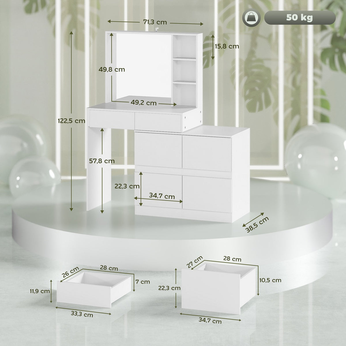 Dressing table cosmetic table with mirror, push-to-open mechanisms, versatile mounting options, dressing table with 4 drawers, 3 open shelves and 2 cabinets, white