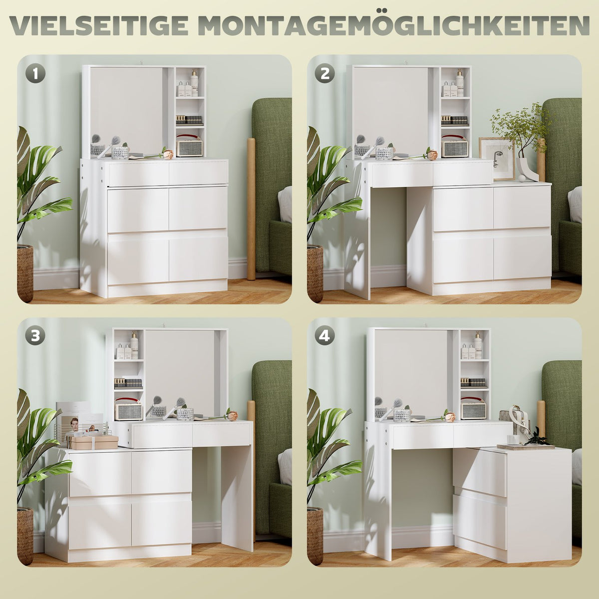 Dressing table cosmetic table with mirror, push-to-open mechanisms, versatile mounting options, dressing table with 4 drawers, 3 open shelves and 2 cabinets, white