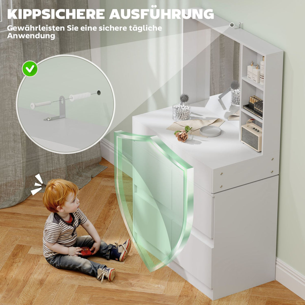 Dressing table cosmetic table with mirror, push-to-open mechanisms, versatile mounting options, dressing table with 4 drawers, 3 open shelves and 2 cabinets, white