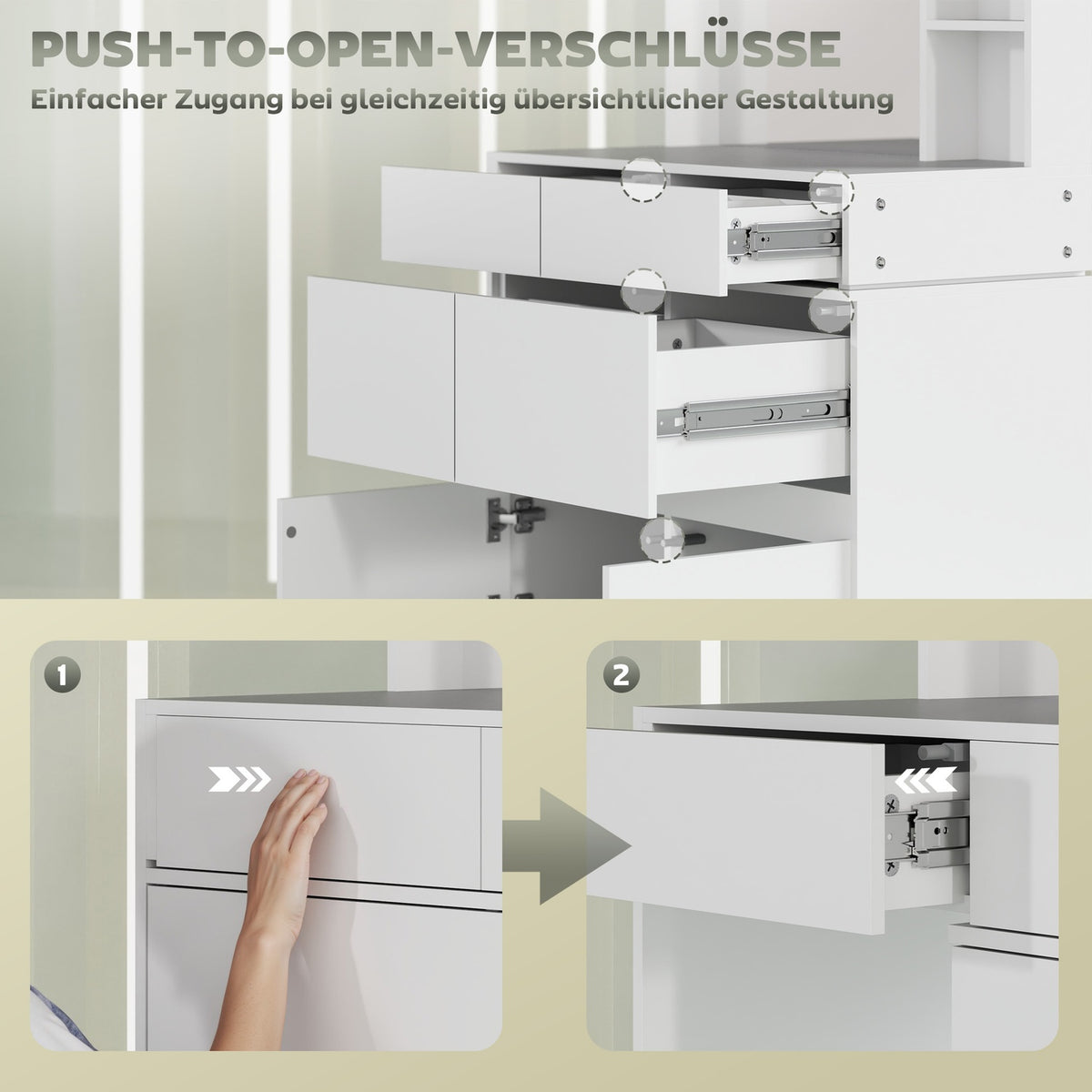 Dressing table cosmetic table with mirror, push-to-open mechanisms, versatile mounting options, dressing table with 4 drawers, 3 open shelves and 2 cabinets, white