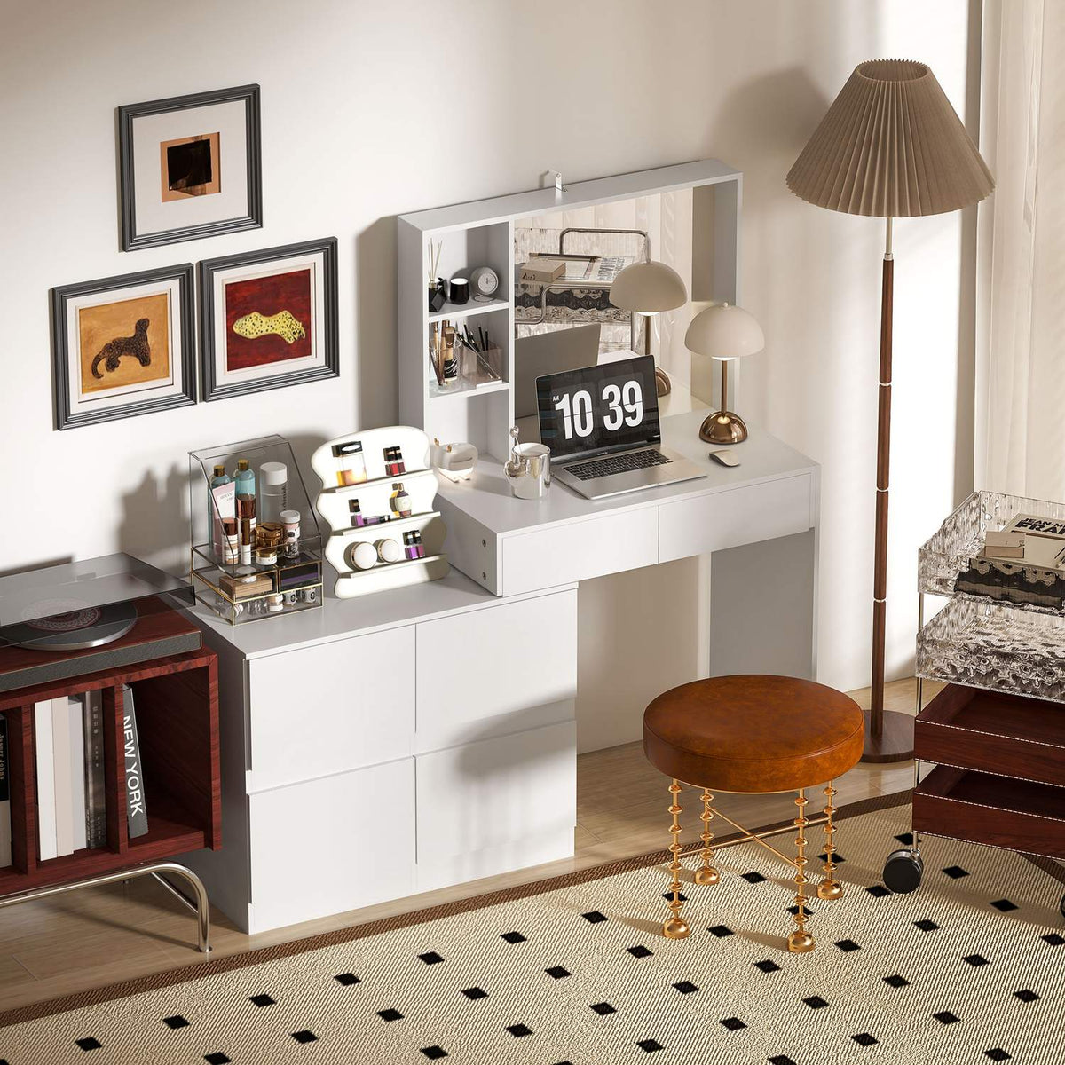 Dressing table cosmetic table with mirror, push-to-open mechanisms, versatile mounting options, dressing table with 4 drawers, 3 open shelves and 2 cabinets, white