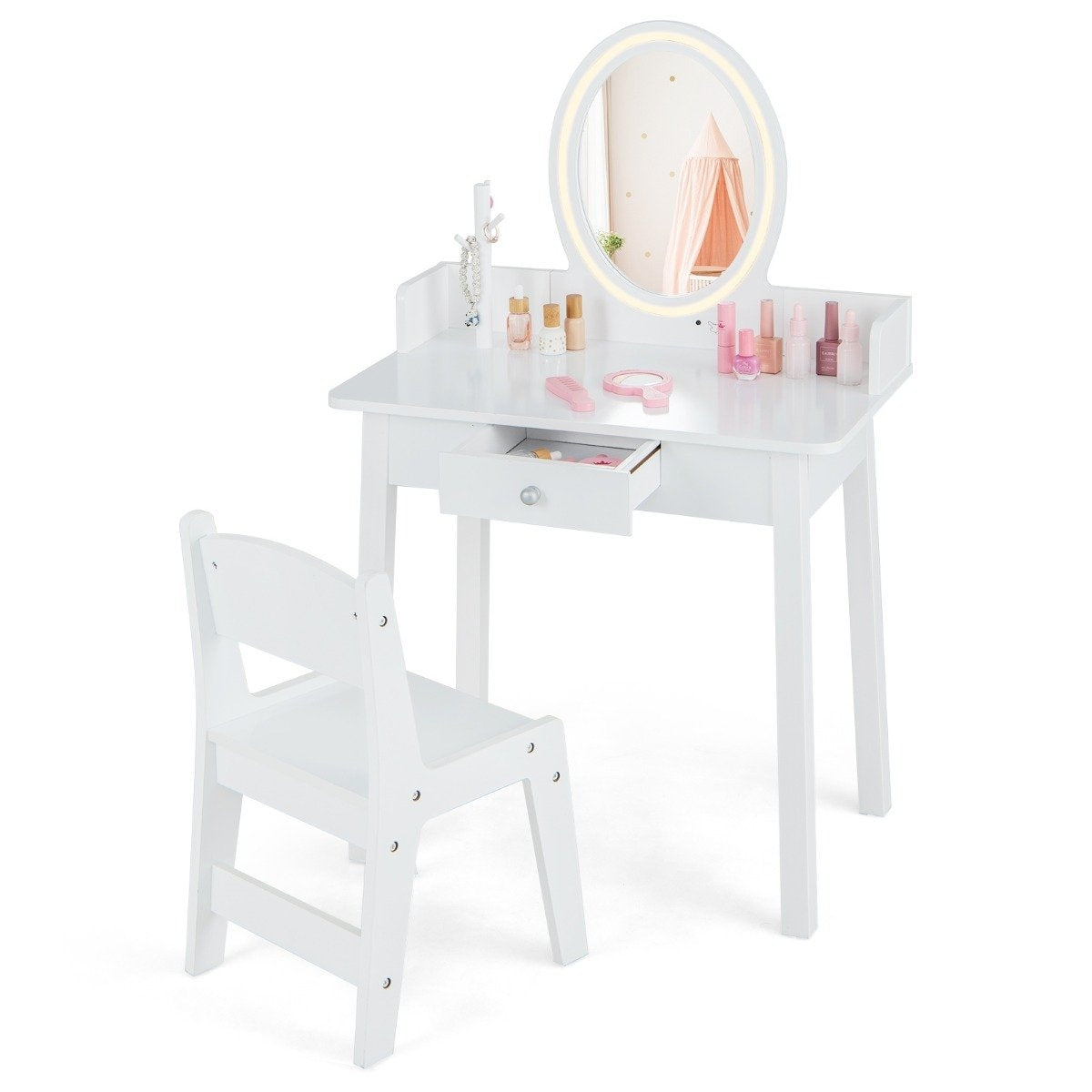 Dressing table for children with illuminated mirror Makeup table with chair White