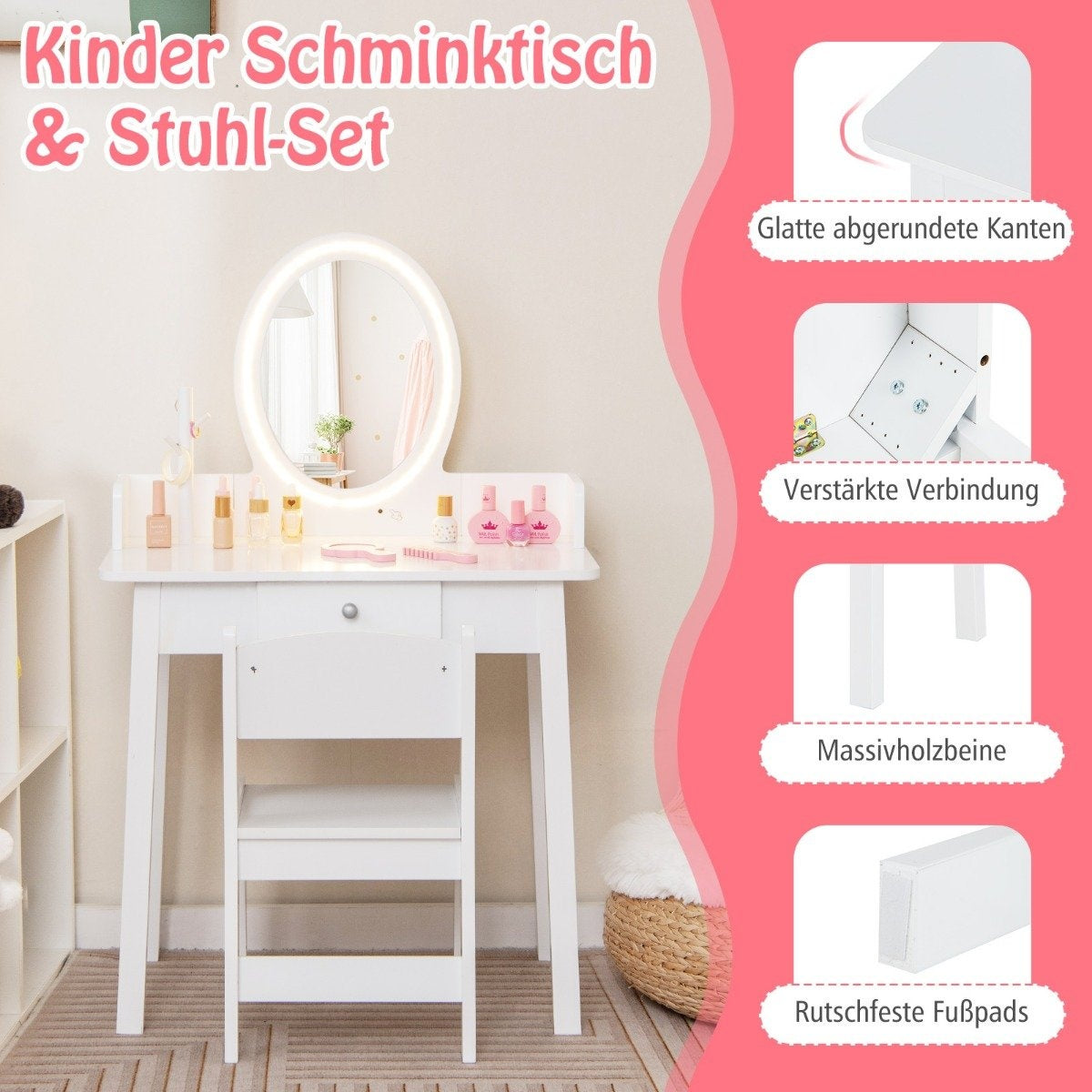 Dressing table for children with illuminated mirror Makeup table with chair White
