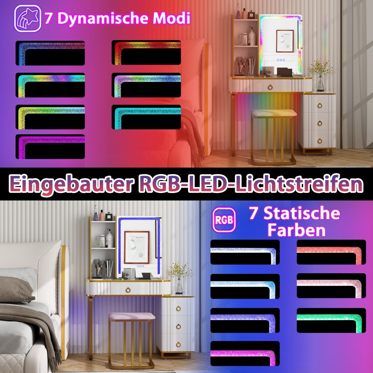 Dressing table with 7 dynamic and 7 static dimmable LED lighting dressing table white