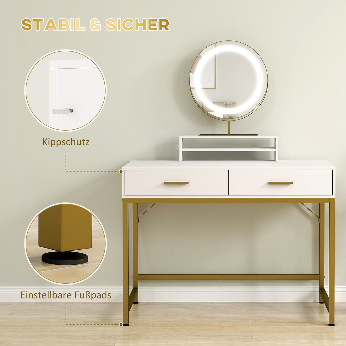 Dressing table with LED lighting, dressing table with adjustable mirror, cosmetic table with 2 drawers, open shelf, make-up table for bedroom, 100 x 50 x 76 cm, white