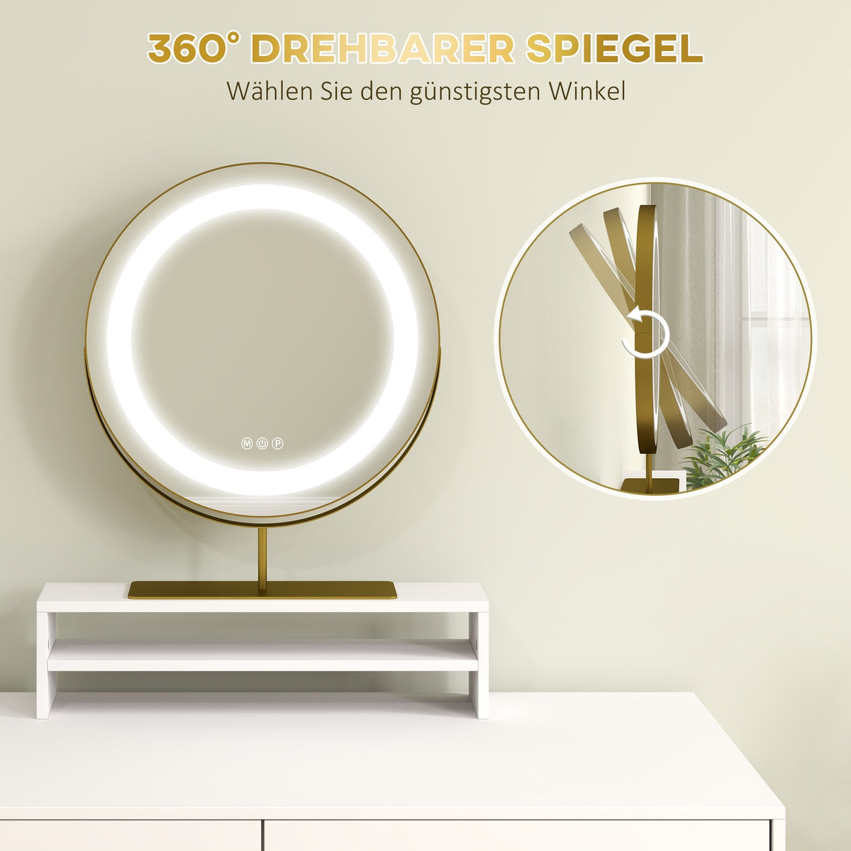 Dressing table with LED lighting, dressing table with adjustable mirror, cosmetic table with 2 drawers, open shelf, make-up table for bedroom, 100 x 50 x 76 cm, white
