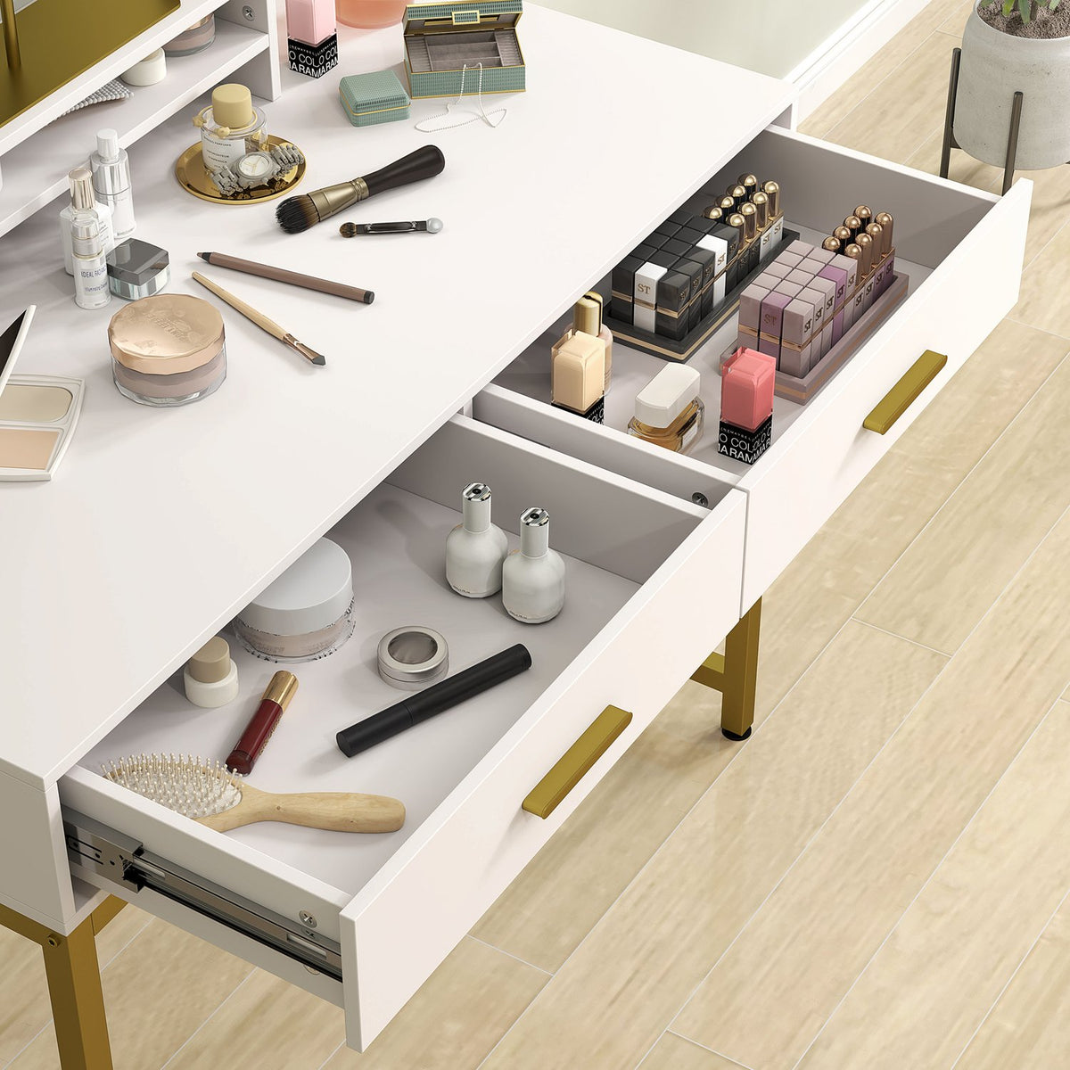 Dressing table with LED lighting, dressing table with adjustable mirror, cosmetic table with 2 drawers, open shelf, make-up table for bedroom, 100 x 50 x 76 cm, white