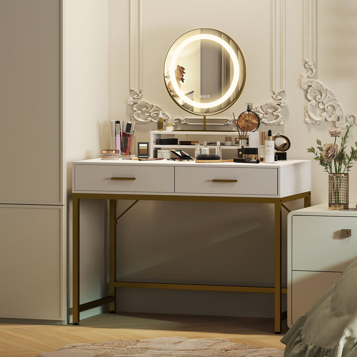 Dressing table with LED lighting, dressing table with adjustable mirror, cosmetic table with 2 drawers, open shelf, make-up table for bedroom, 100 x 50 x 76 cm, white