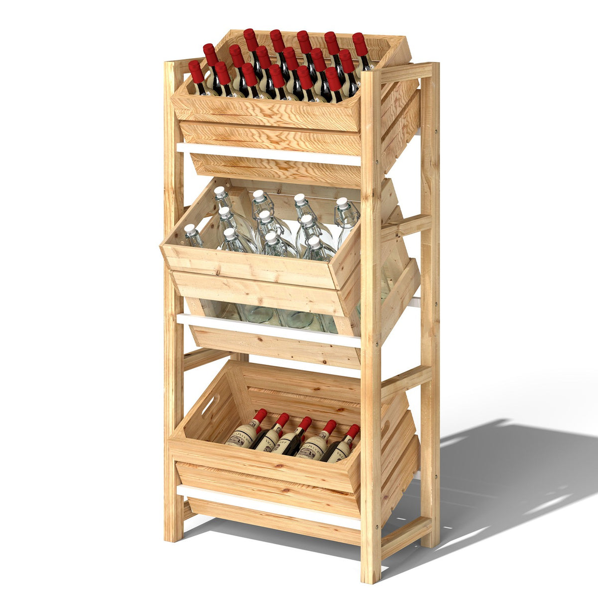 Drinks crate rack for 3 drinks crates, drinks rack, wooden crate rack with 3 levels, free-standing drinks crate holder, load 150kg, crate stand for beer, water, 56 x 32 x 112 cm, natural wood