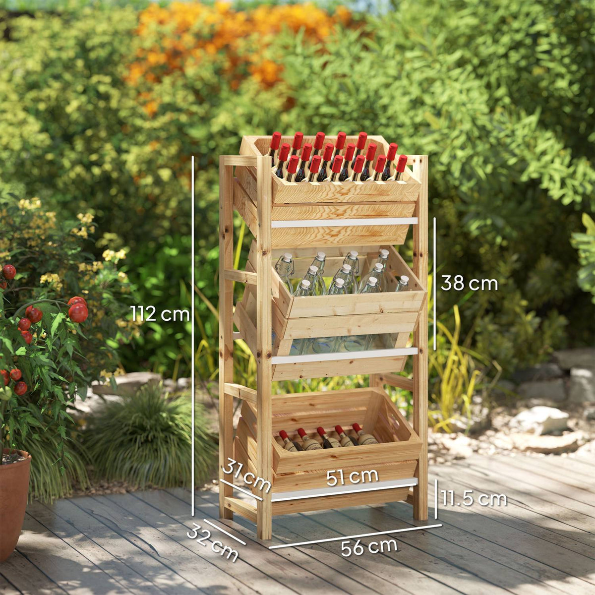 Drinks crate rack for 3 drinks crates, drinks rack, wooden crate rack with 3 levels, free-standing drinks crate holder, load 150kg, crate stand for beer, water, 56 x 32 x 112 cm, natural wood