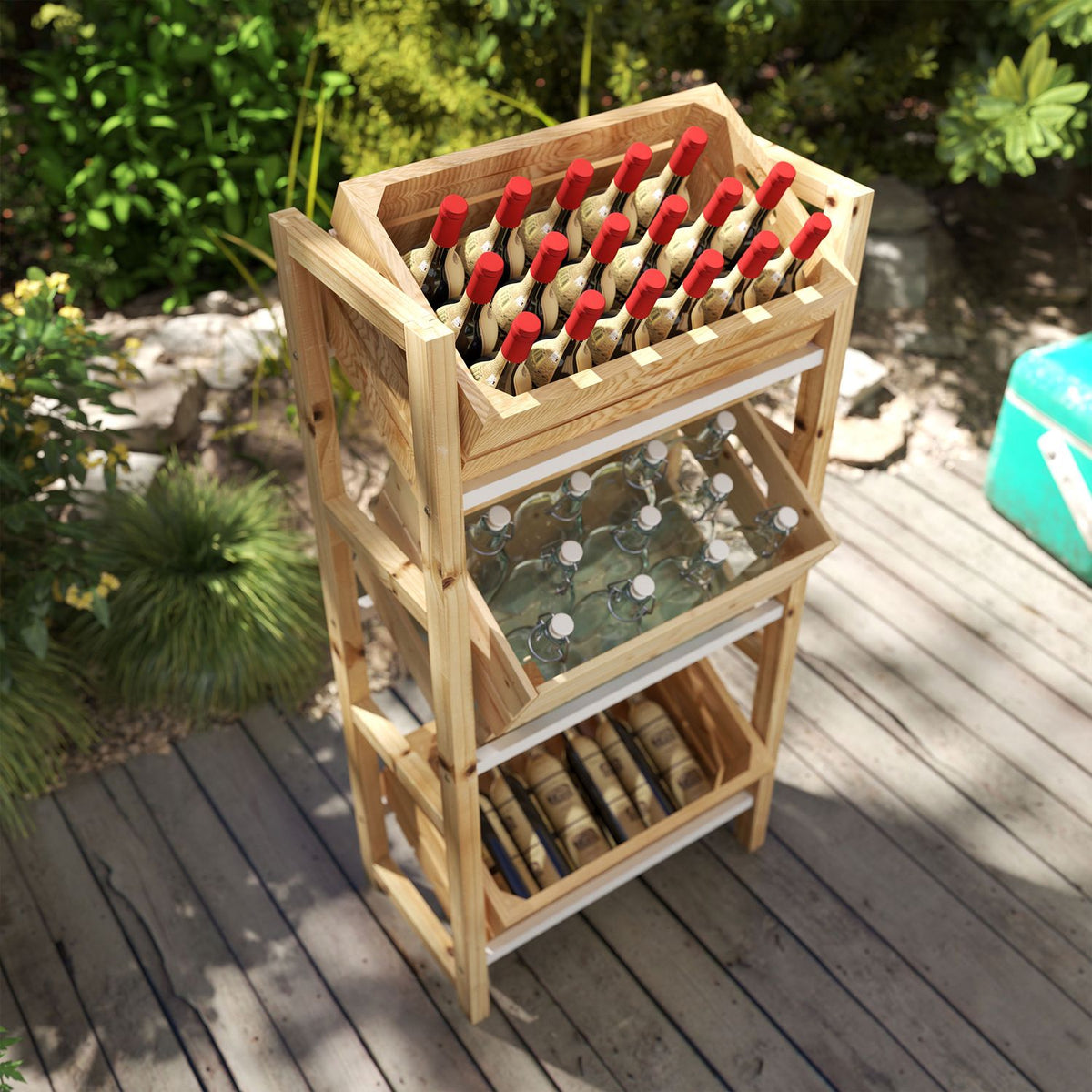 Drinks crate rack for 3 drinks crates, drinks rack, wooden crate rack with 3 levels, free-standing drinks crate holder, load 150kg, crate stand for beer, water, 56 x 32 x 112 cm, natural wood