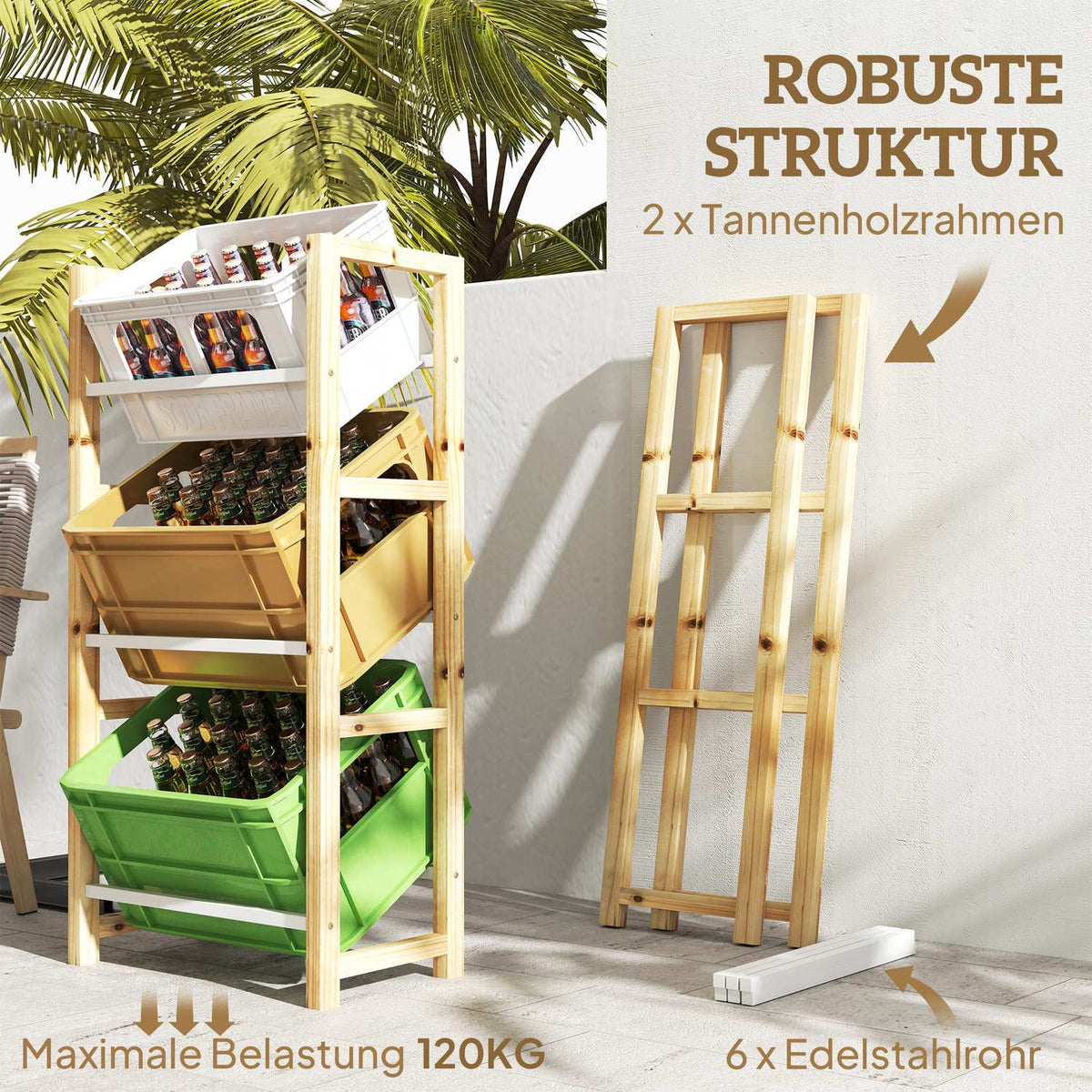Drinks crate rack for 3 drinks crates, drinks rack, wooden crate rack with 3 levels, free-standing drinks crate holder, load 150kg, crate stand for beer, water, 56 x 32 x 112 cm, natural wood