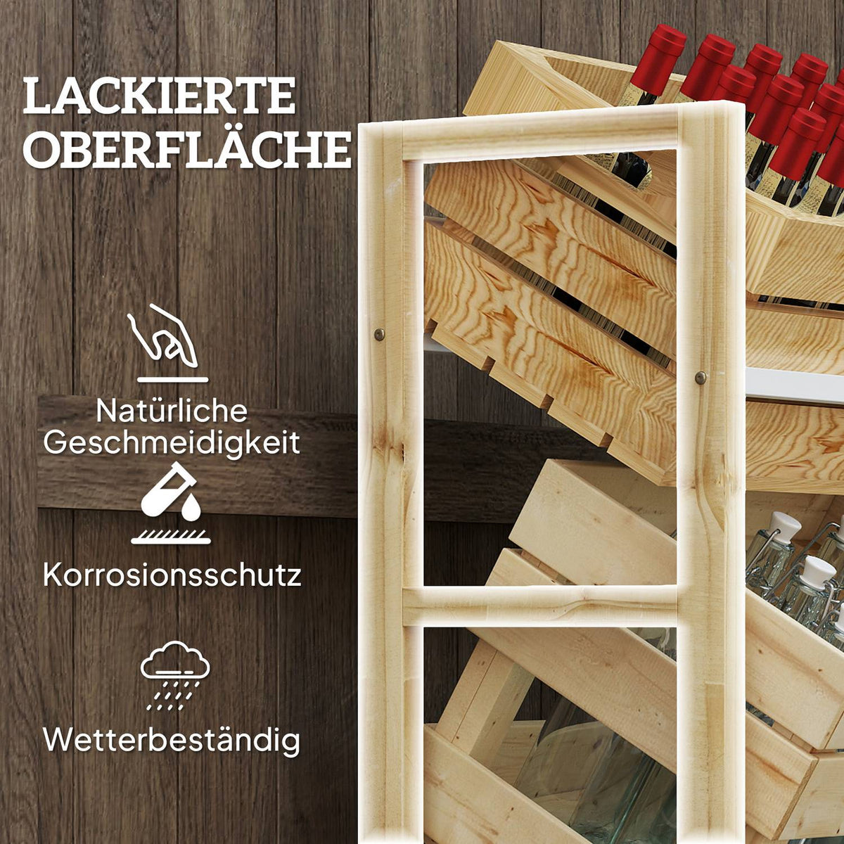 Drinks crate rack for 3 drinks crates, drinks rack, wooden crate rack with 3 levels, free-standing drinks crate holder, load 150kg, crate stand for beer, water, 56 x 32 x 112 cm, natural wood