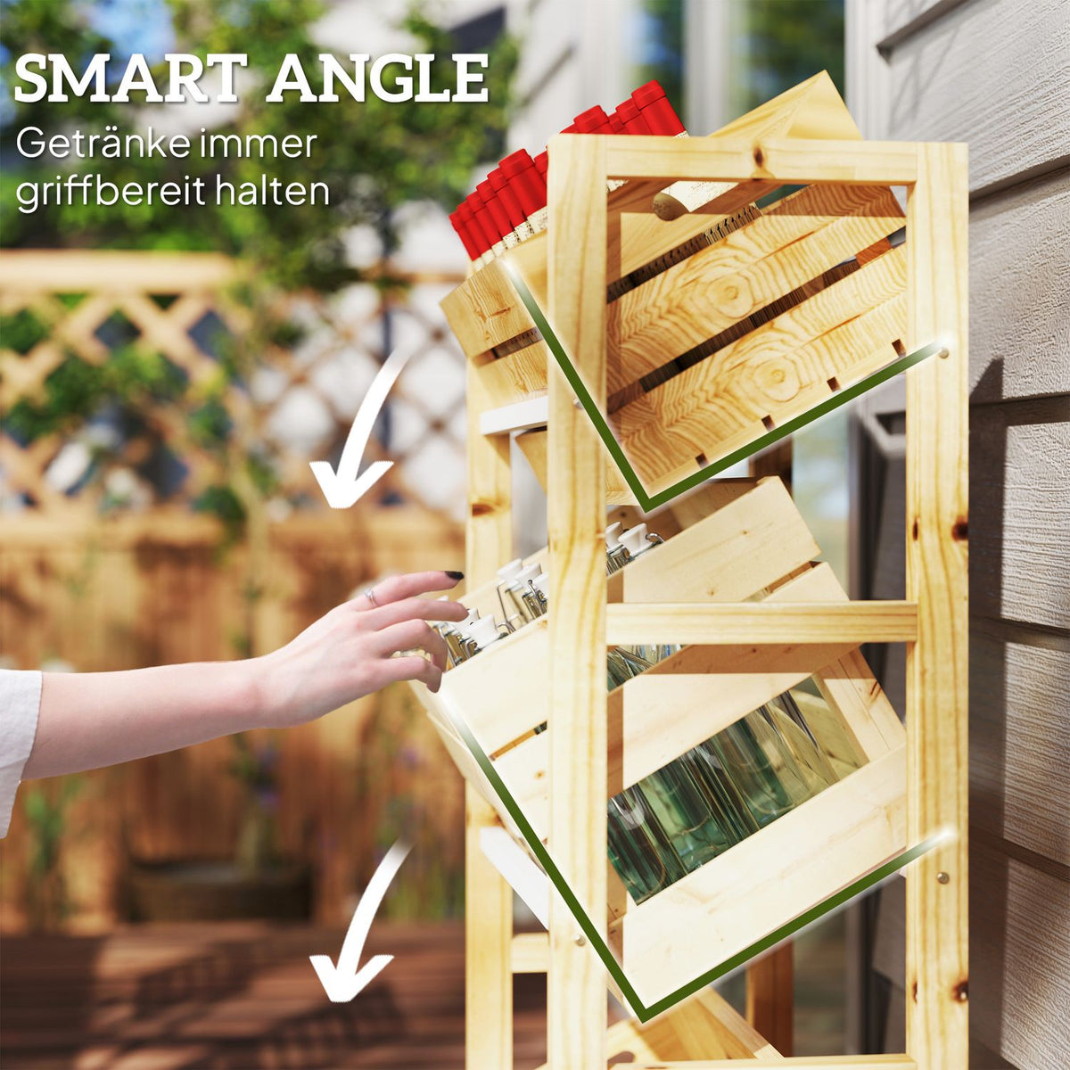 Drinks crate rack for 3 drinks crates, drinks rack, wooden crate rack with 3 levels, free-standing drinks crate holder, load 150kg, crate stand for beer, water, 56 x 32 x 112 cm, natural wood