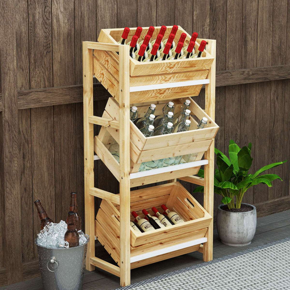 Drinks crate rack for 3 drinks crates, drinks rack, wooden crate rack with 3 levels, free-standing drinks crate holder, load 150kg, crate stand for beer, water, 56 x 32 x 112 cm, natural wood