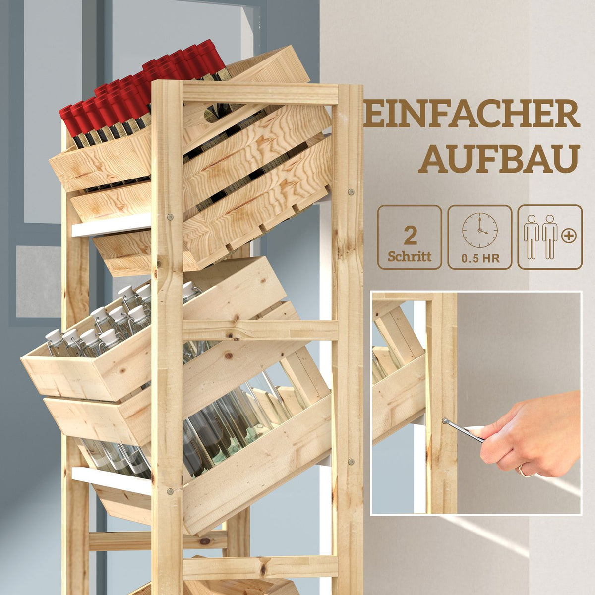 Drinks crate rack for 3 drinks crates, drinks rack, wooden crate rack with 3 levels, free-standing drinks crate holder, load 150kg, crate stand for beer, water, 56 x 32 x 112 cm, natural wood