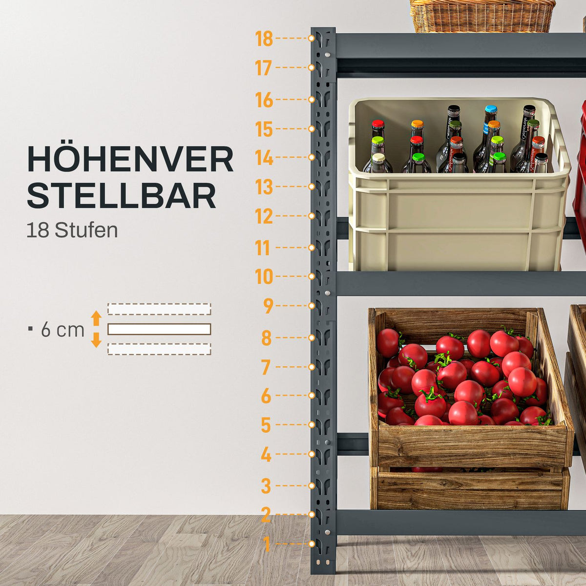 Drinks crate rack for 6 crates, 110 x 30 x 110 cm, free-standing drinks rack with adjustable shelf height, crate rack with tip protection