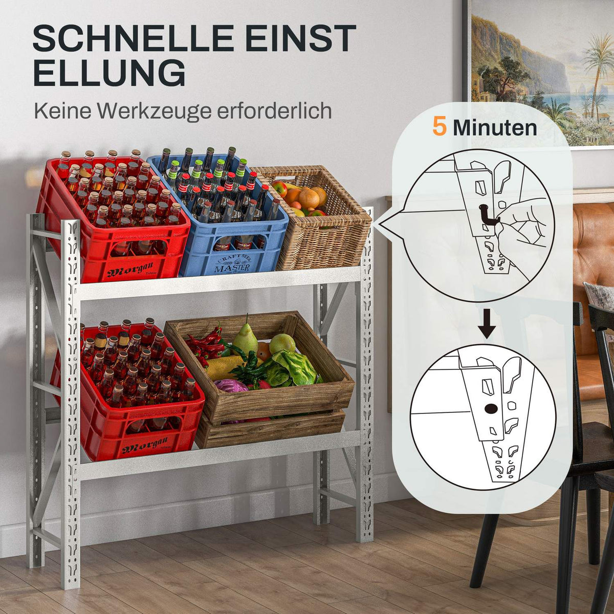 Drinks crate rack for 6 crates, free-standing drinks rack with adjustable shelf height, 110 x 30 x 110 cm, steel