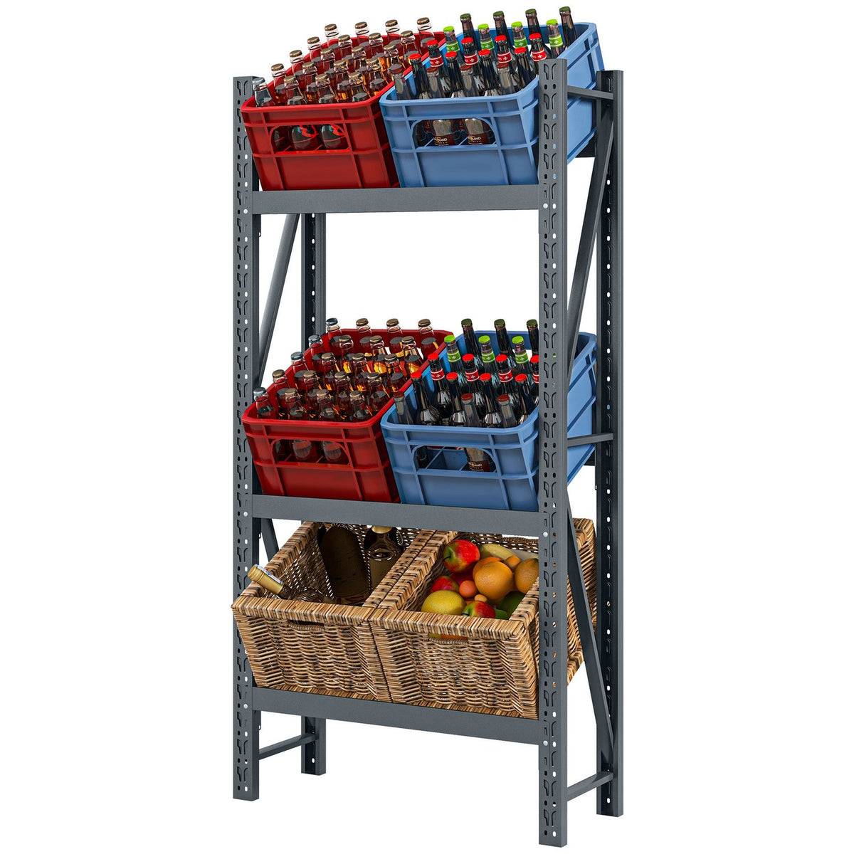 Drinks crate rack for 6 crates, free-standing with 3 adjustable levels, 80 x 30 x 160 cm, gray steel, ideal for kitchen & pantry