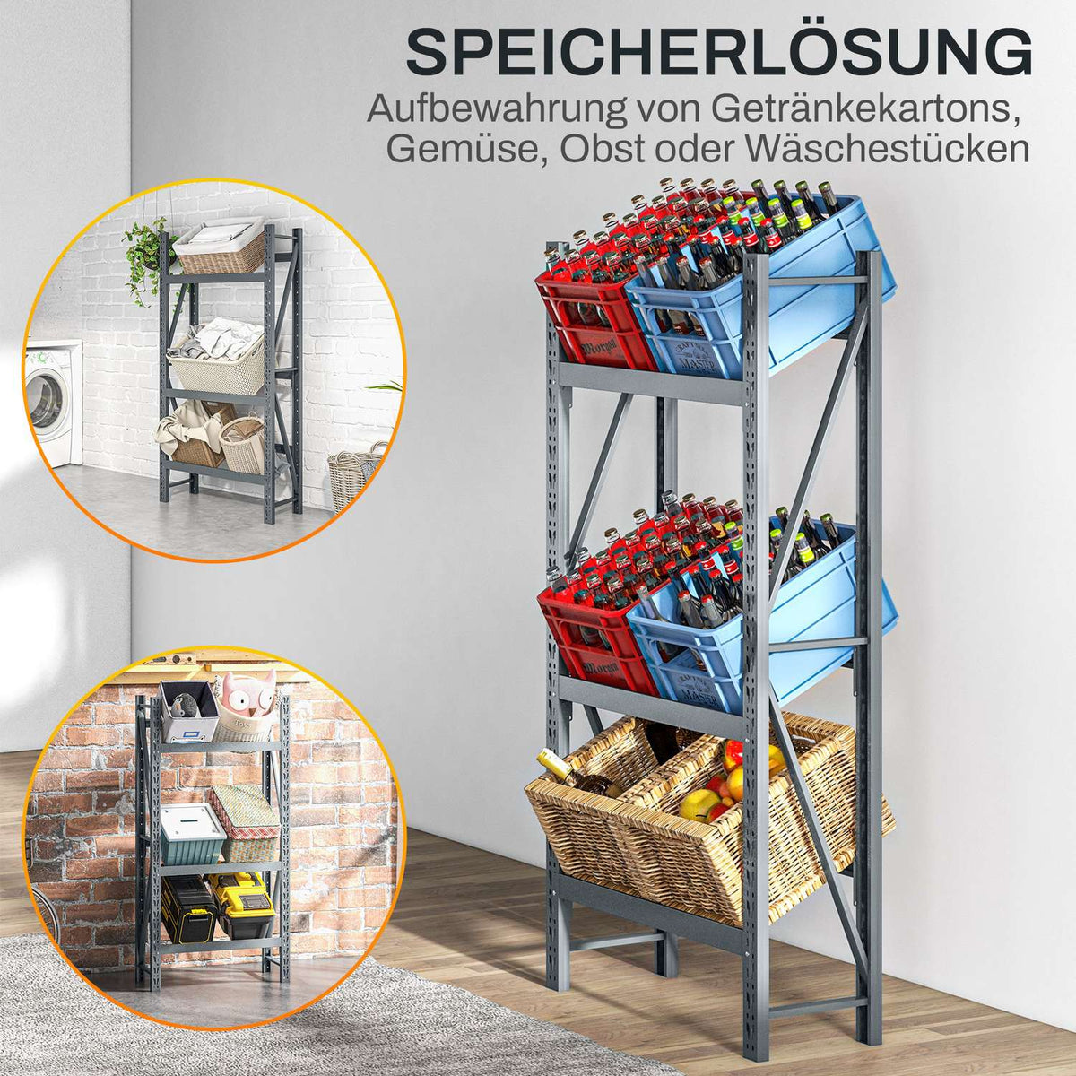 Drinks crate rack for 6 crates, free-standing with 3 adjustable levels, 80 x 30 x 160 cm, gray steel, ideal for kitchen & pantry