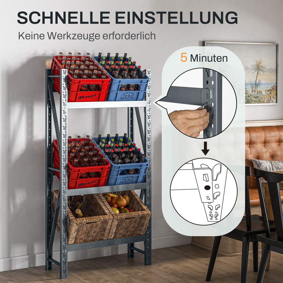 Drinks crate rack for 6 crates, free-standing with 3 adjustable levels, 80 x 30 x 160 cm, gray steel, ideal for kitchen & pantry