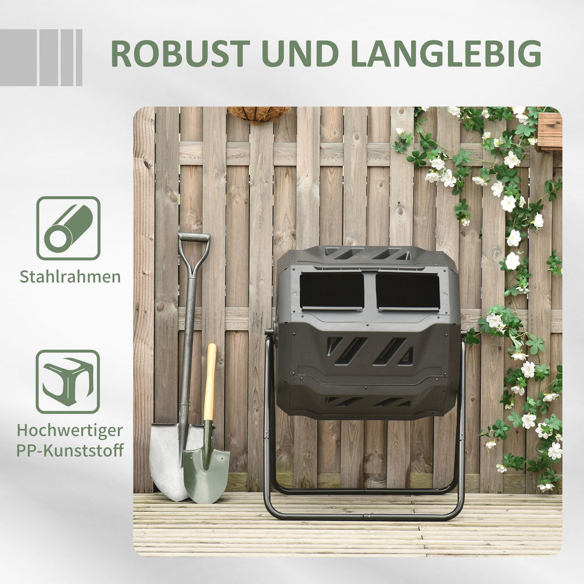 Drum Composter 160L Garden Composter With 2 Chambers Rotating Organic Waste Black Efficient & Robust