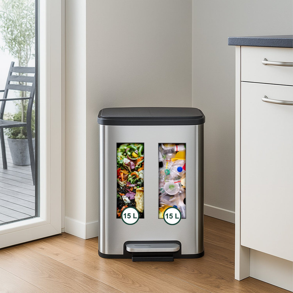 Dual Compartment Kitchen Bin, 15L Waste Separator