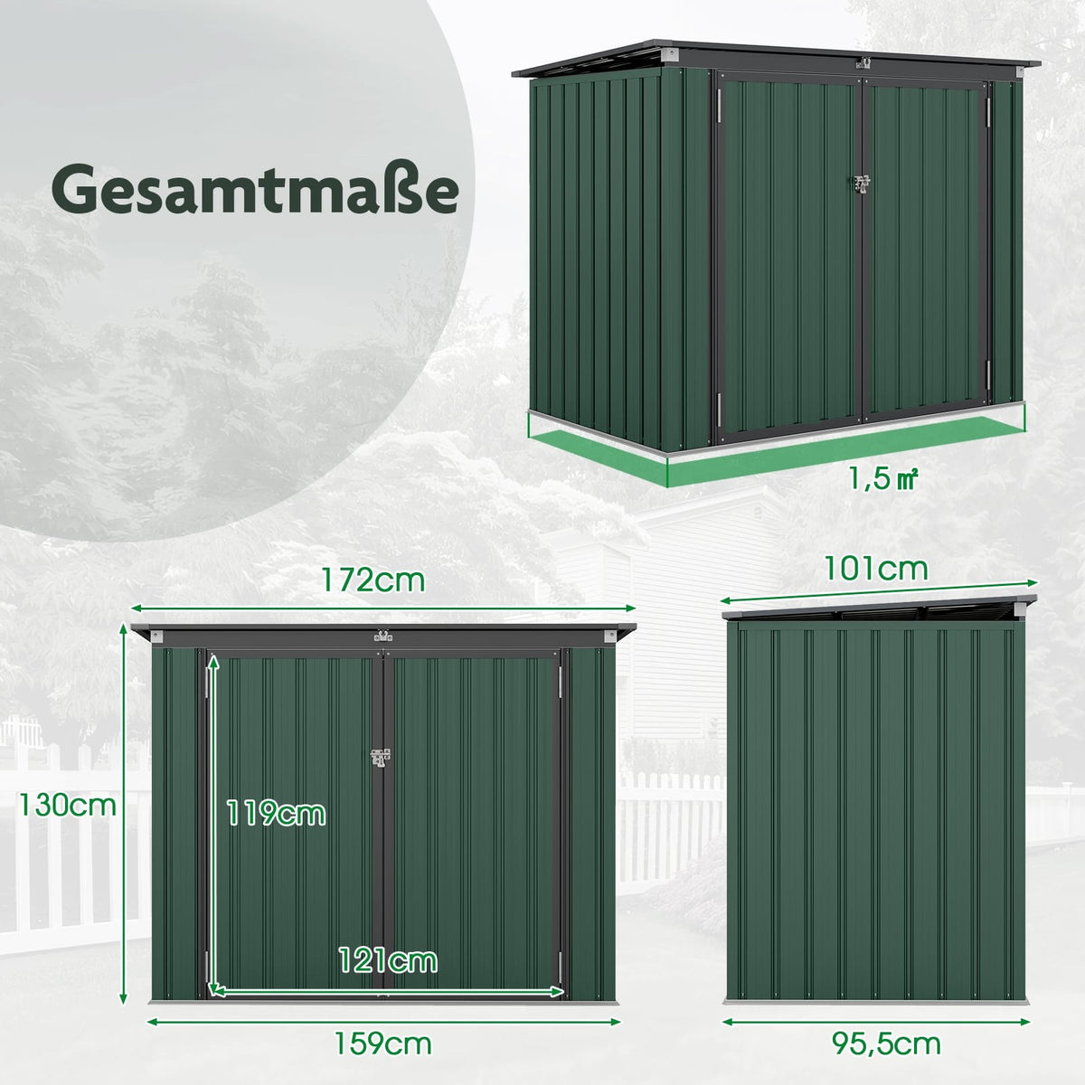 Dual Trash Can Storage Shed, Galvanized Metal, 172x95.5x130 cm