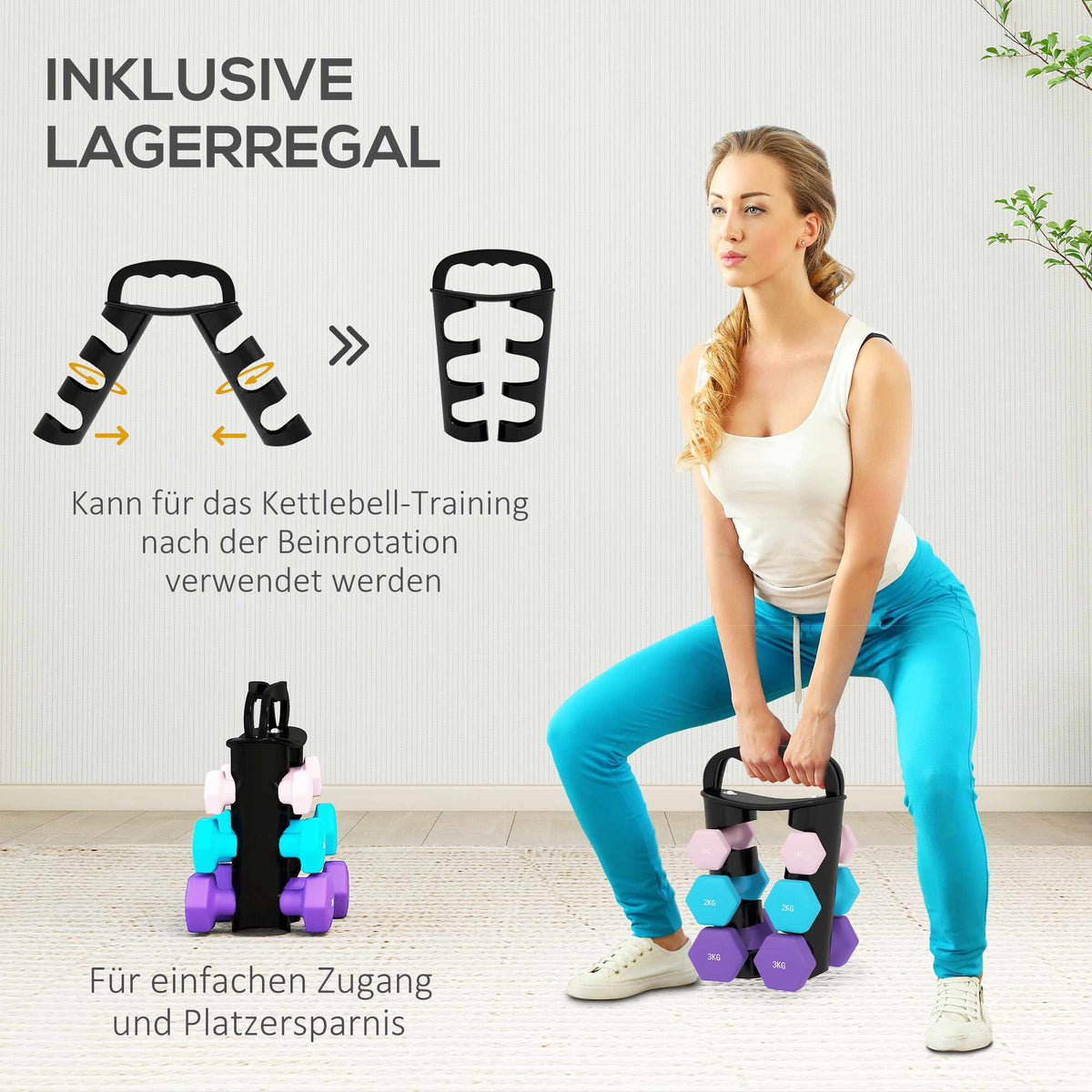 Dumbbell Set with Rack, 6 Weights: 1kg, 2kg, 3kg