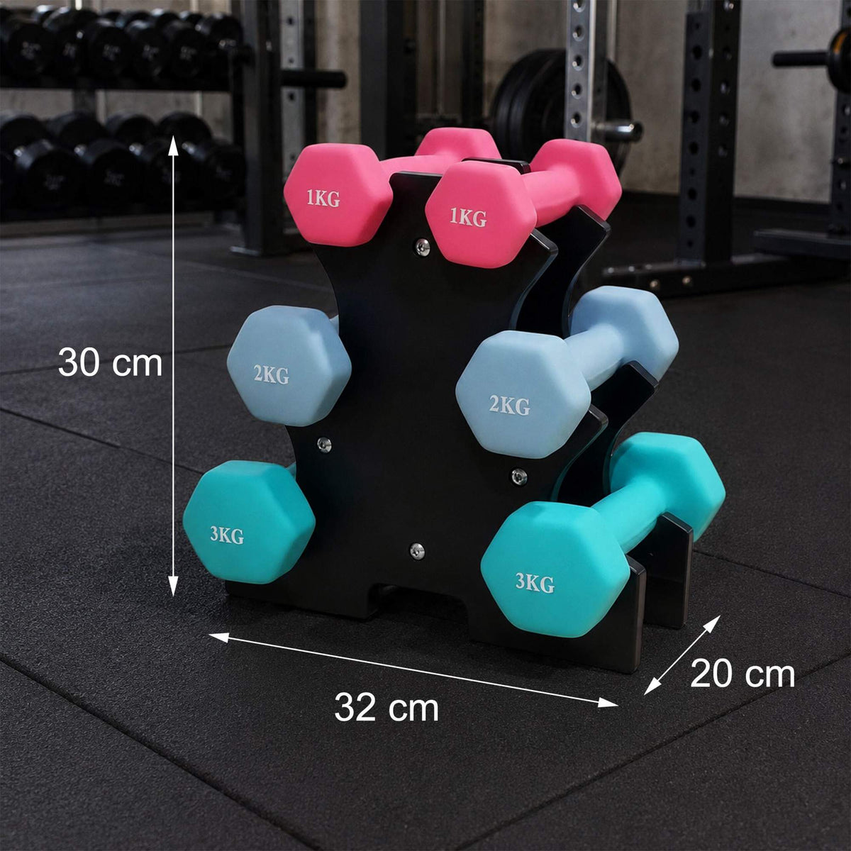 Dumbbell Set with Stand, 1–3 kg, Non-Slip PVC Coated