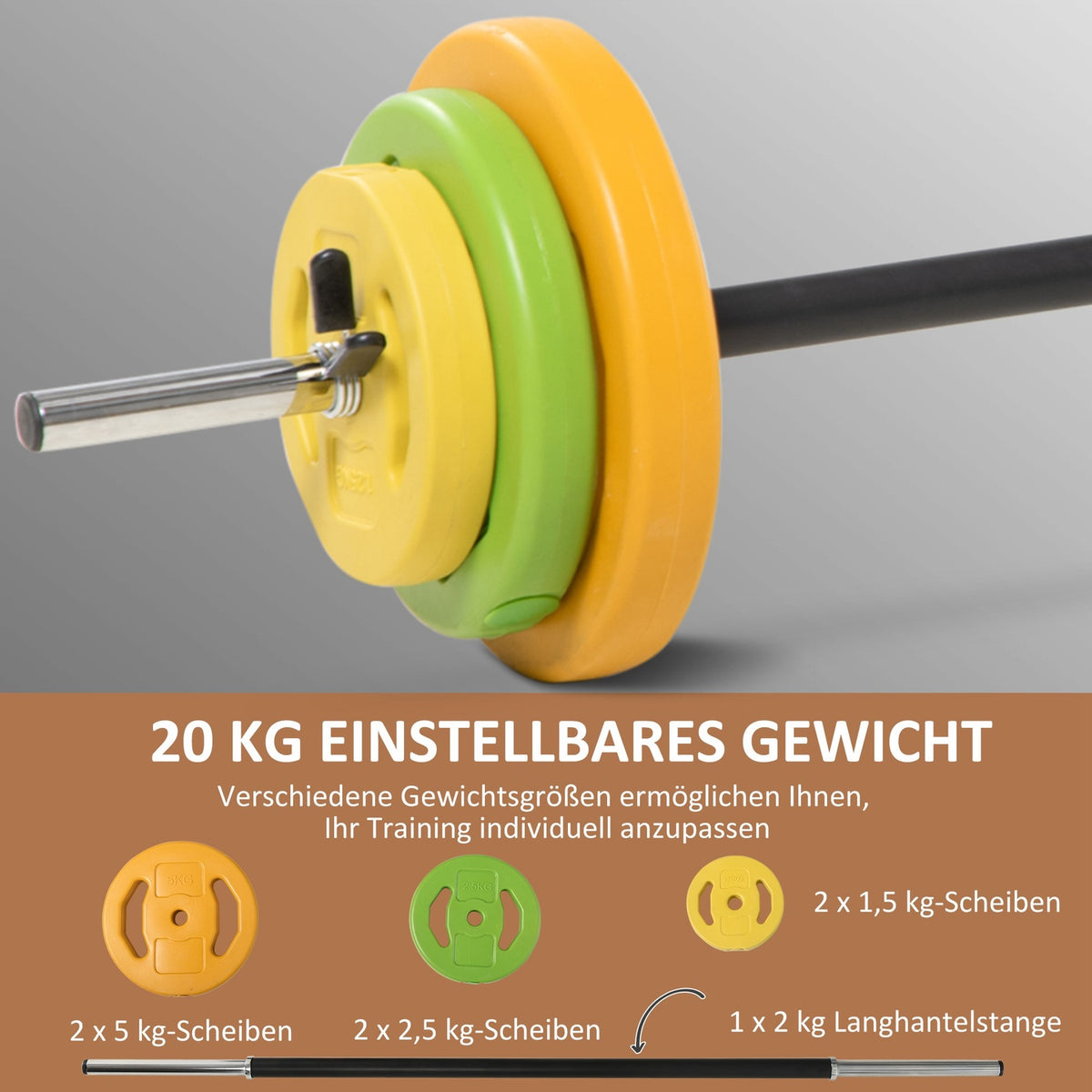 Dumbbell set 20 kg cast iron dumbbell set with connecting tube, non-slip handle, multi-colored