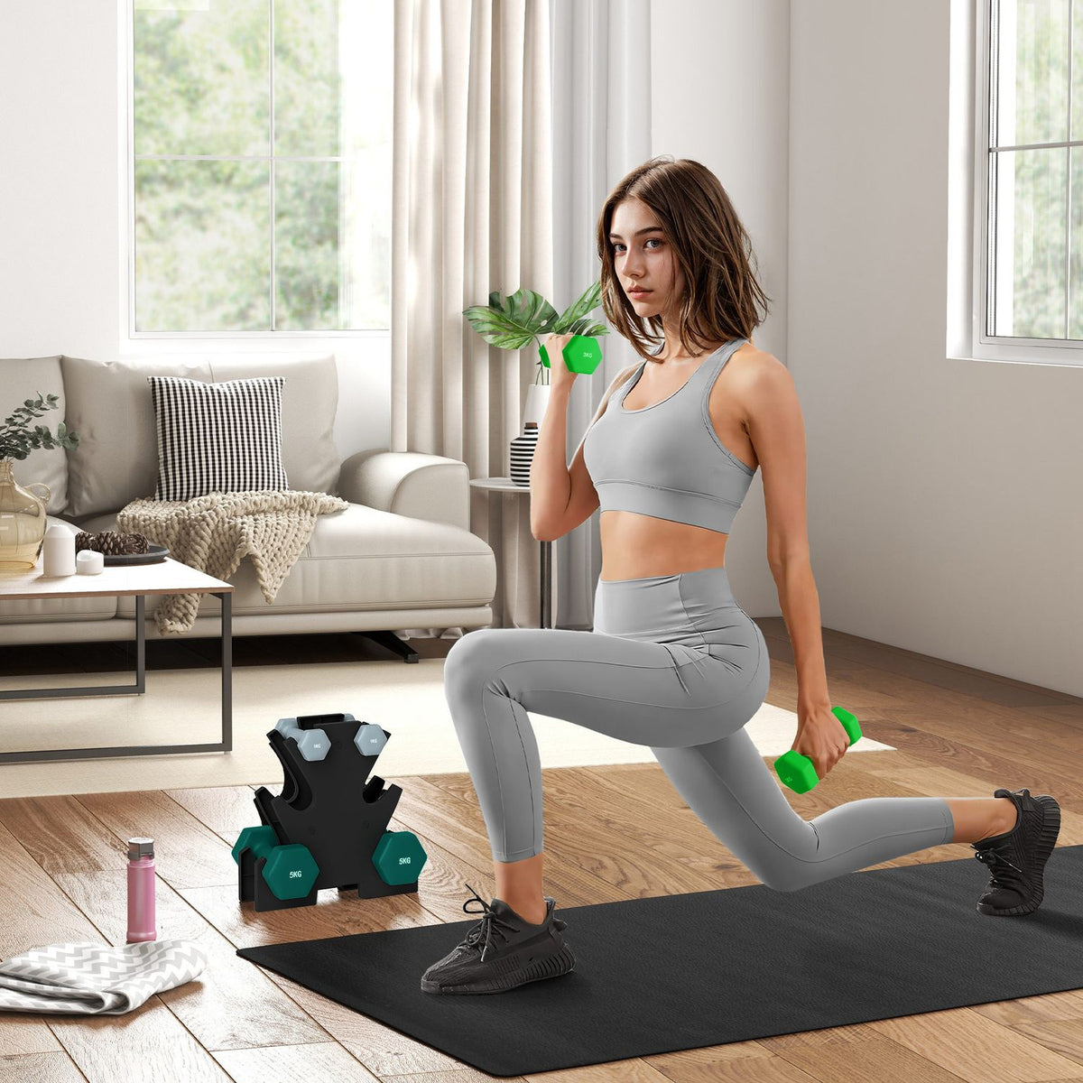 Dumbbell set 6 dumbbells with dumbbell stand, 2 x 1kg, 2 x 3kg, 2 x 5kg metal dumbbell set for fitness, gymnastics, home